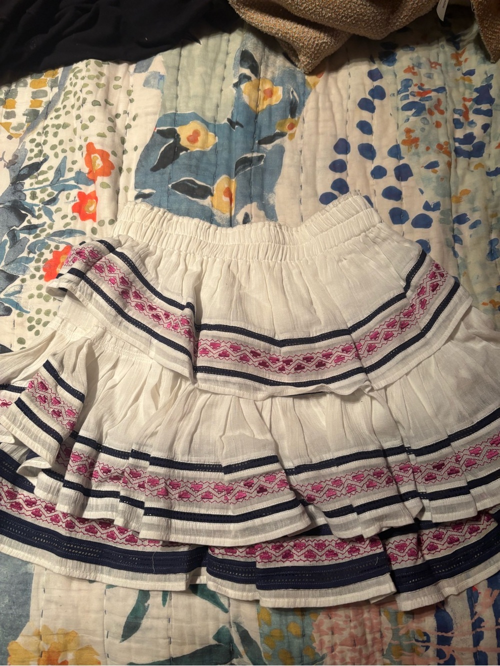 Tiered White Cotton Skirt with Pink & Navy Embroidery XS